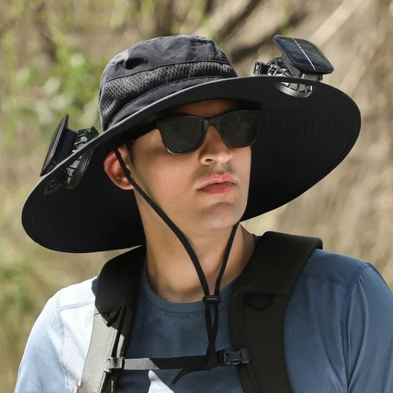 Men’s Wide Brim Solar Fan Hat – UPF50+ Sun Protection, Dual Power USB Adjustable Outdoor Hat for Beach & Fishing