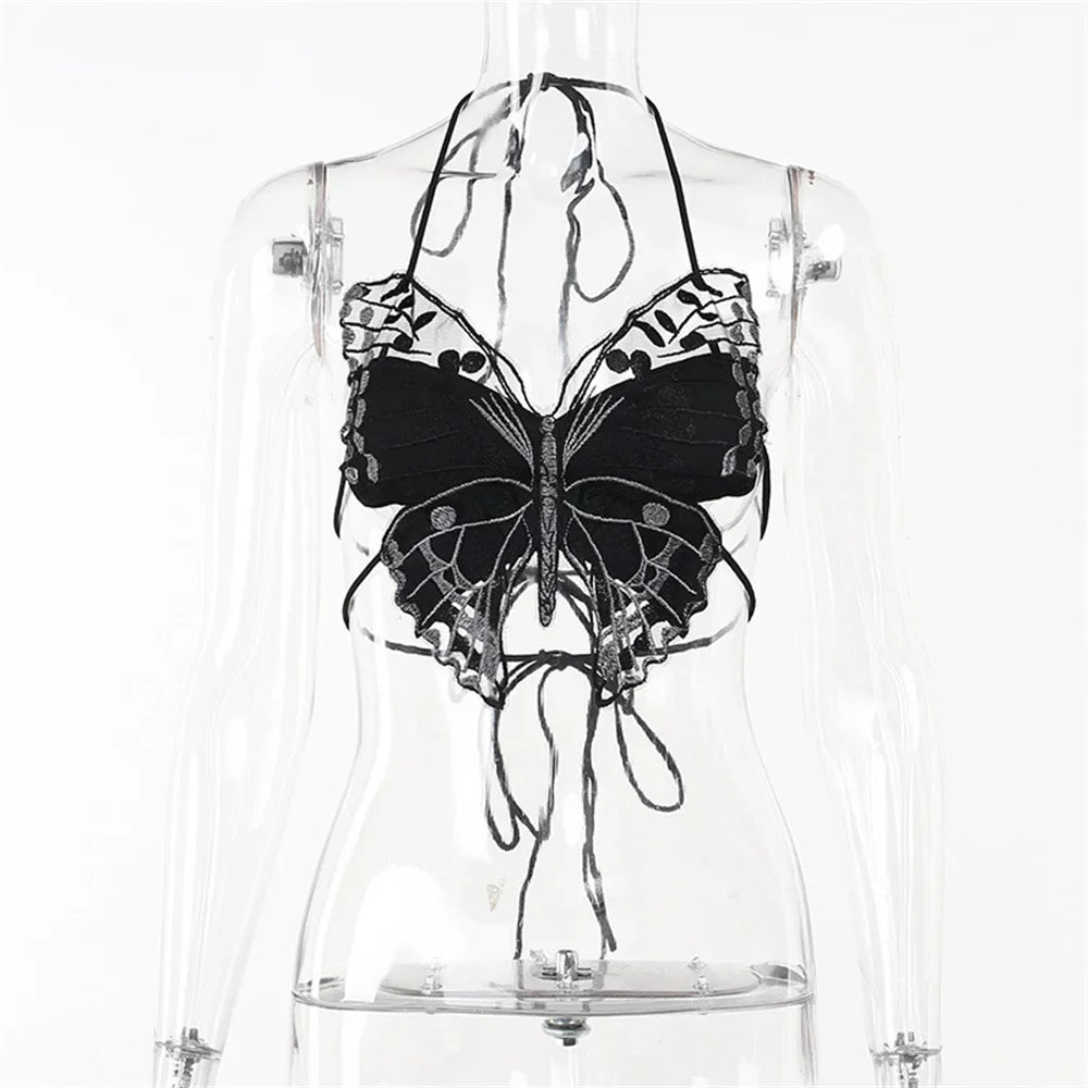 Women’s Butterfly Lace Camisole Crop Top – Spaghetti Strap Slim Fit See-Through Summer Bralette with Front Slit Low Cut Design