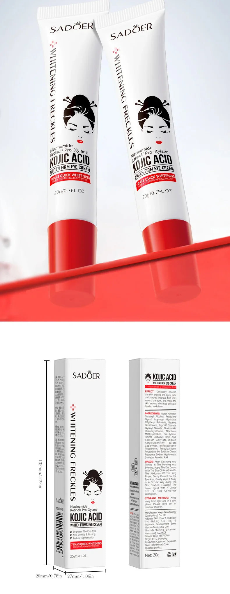 SADOER Kojic Acid Retinol Eye Cream – Anti-Dark Circles, Eye Bag Removal, Moisturizing & Firming Skincare