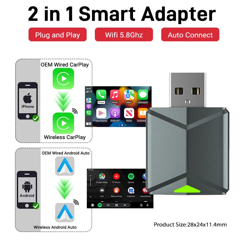 2025 Wired to Wireless CarPlay 2 in 1 Mini Adapter – Android Auto Smart Box, Plug & Play, OTA Update, Universal Compatibility
