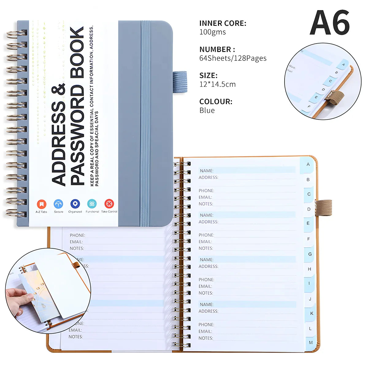 A6 Password Book with PP Coil – English Address & Password Organizer, Thick Horizontal Notebook for Office Use
