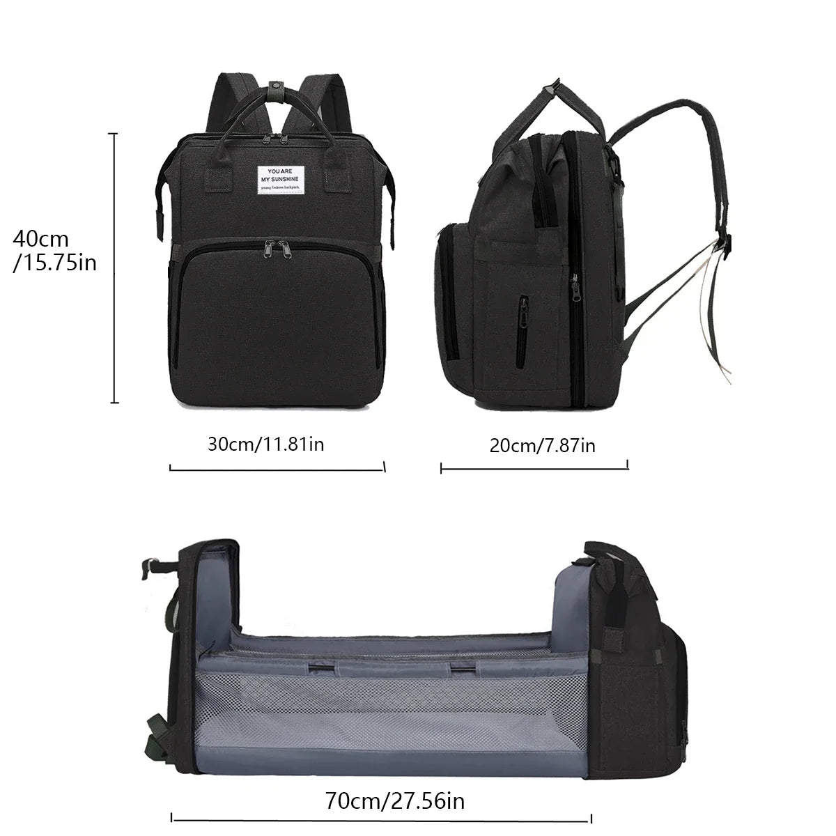 Foldable Diaper Bag with Changing Station – Large Capacity Mommy Backpack with Insulated Pocket, Multifunctional Baby Travel Bag with Bed & Double Shoulder Straps