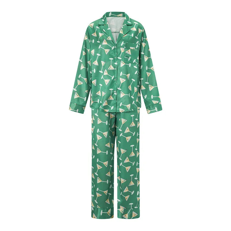 Imcute Women’s Christmas Satin Pajama Set – Long Sleeve Button-Down Top & Loose Lounge Pants Nightwear