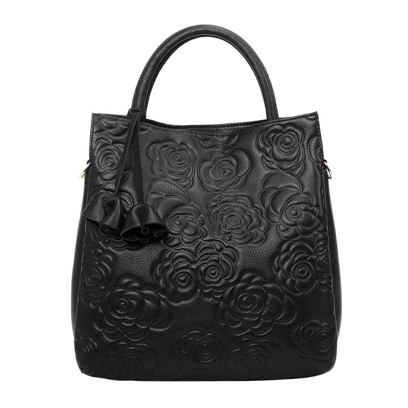 Classic Embossed Women’s Leather Bag — Large Capacity Top Cowhide Crossbody Purse