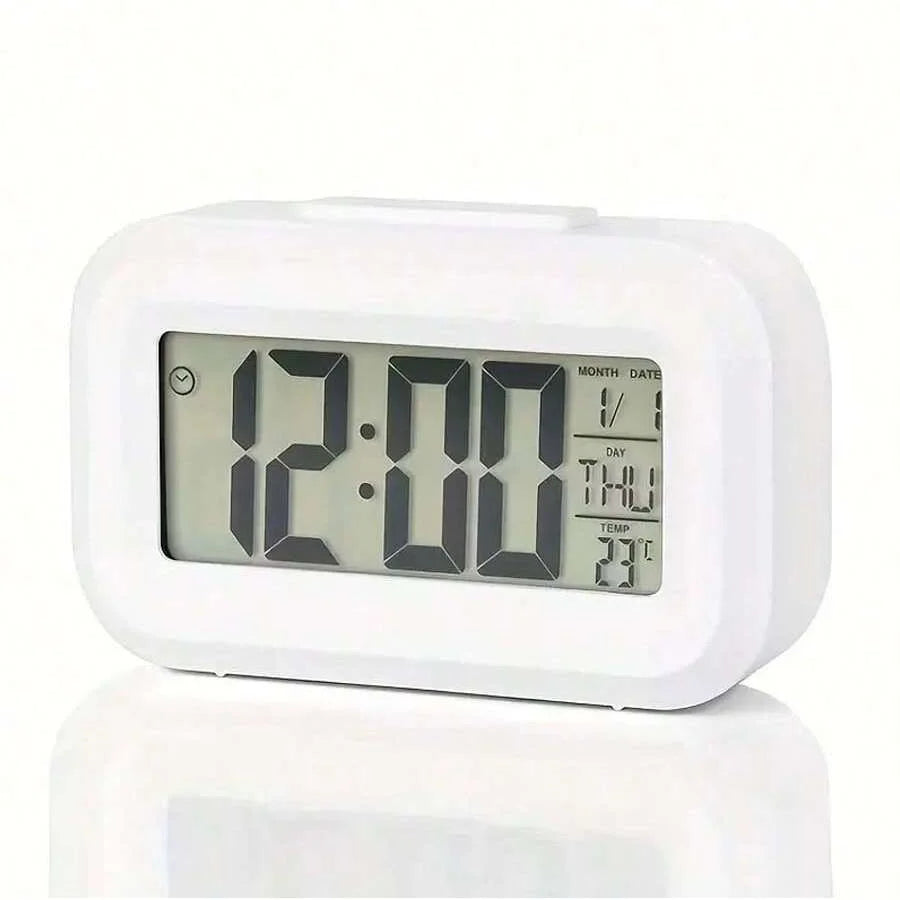 Smart Digital Alarm Clock – Black & White LCD with Temperature, Calendar, Timer & LED Light for Bedroom or Office (No Battery)
