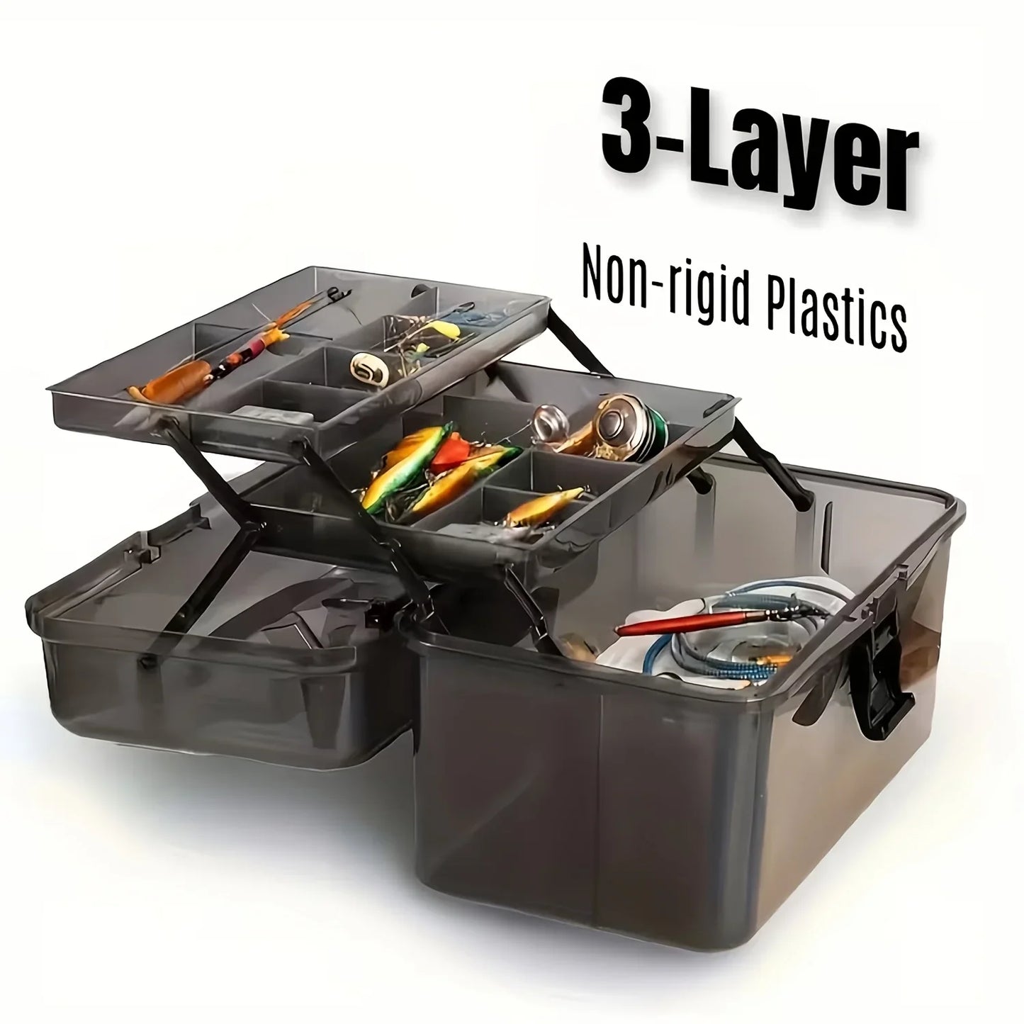 Large Capacity Fishing Gear Storage Box - Durable Black Transparent PE Tackle Organizer with Safety Lock