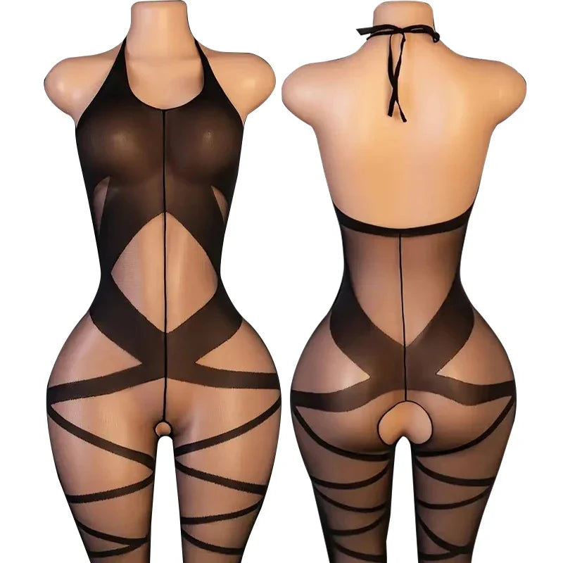 Sexy Crotchless Lingerie Set - Leopard Print Mesh Bodystocking with Backless Cutout Bra Design