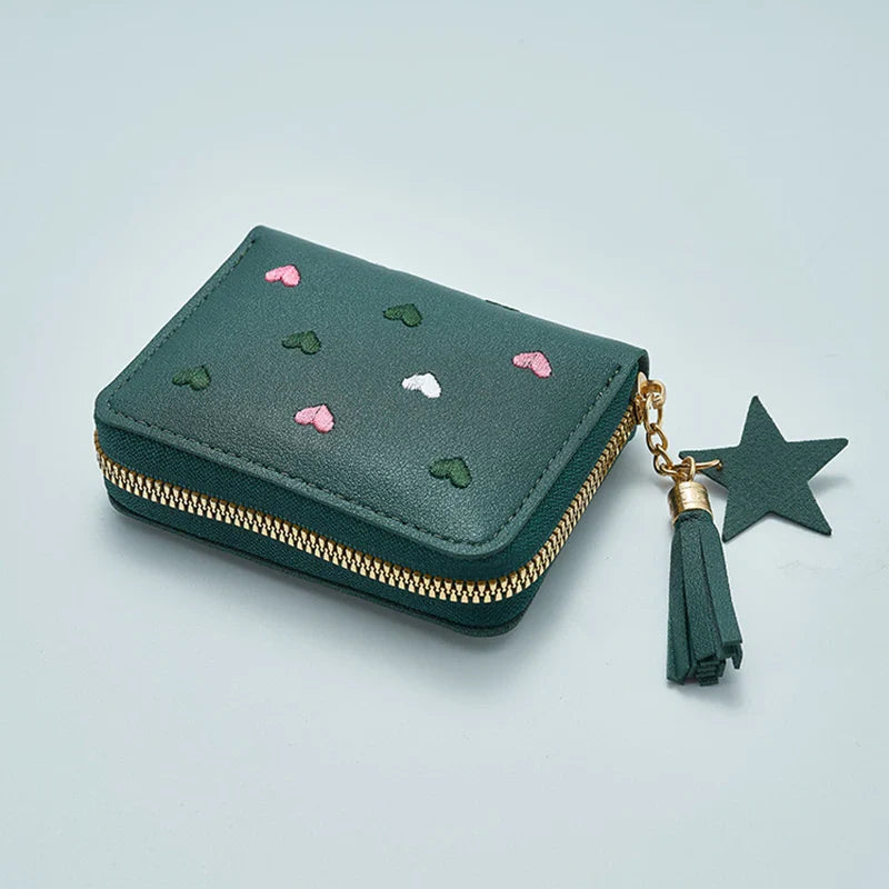 Pu Leather Mini Wallet for Women - Multifunctional Money Clip with Love Embroidery and Certificate Storage