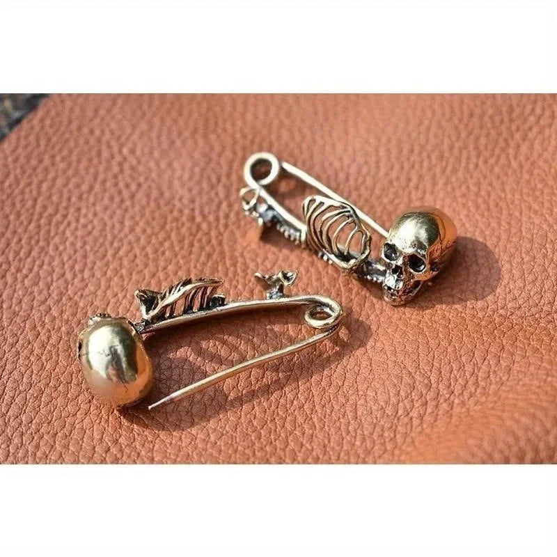 2-Piece Gothic Skull Brooch Set - Vintage Safety Pins for Scarves, Sweaters & Halloween Accessories