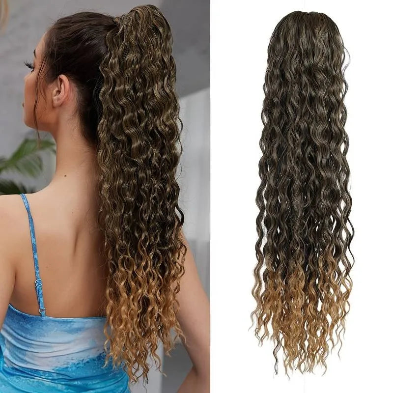 24" Long Curly Wave Drawstring Ponytail Extension – Heat Resistant Synthetic Clip-In Hairpiece for Women & Girls