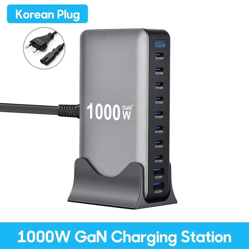 1000W 10-Port GaN Desktop Charger – 140W PD Fast Charging for MacBook Pro, 100W for Phone & Tablet, Multi-Port USB Hub Station