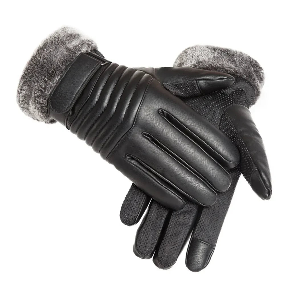 Men's Winter Fur Lined Gloves - Warm Insulated PU Touch Screen Gloves for Cycling, Motorcycle and Outdoor Use