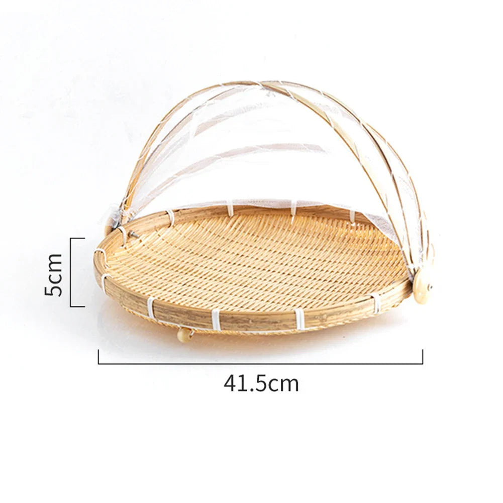 Bamboo Woven Basket with Anti-Mosquito Net – Portable Outdoor Fruit & Vegetable Tray with Mesh Cover