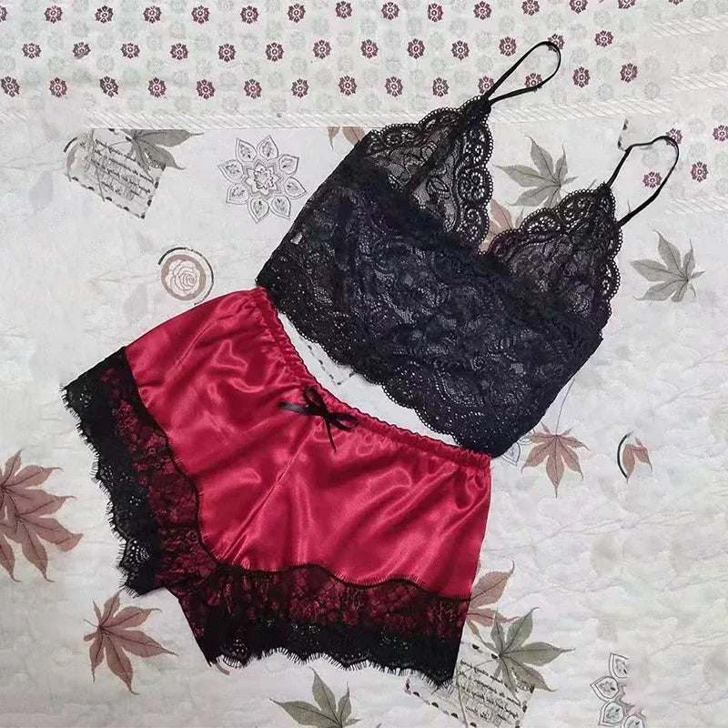 Women's Lace Babydoll Sleepwear Set - V-Neck Sleeveless Lingerie Top & Shorts