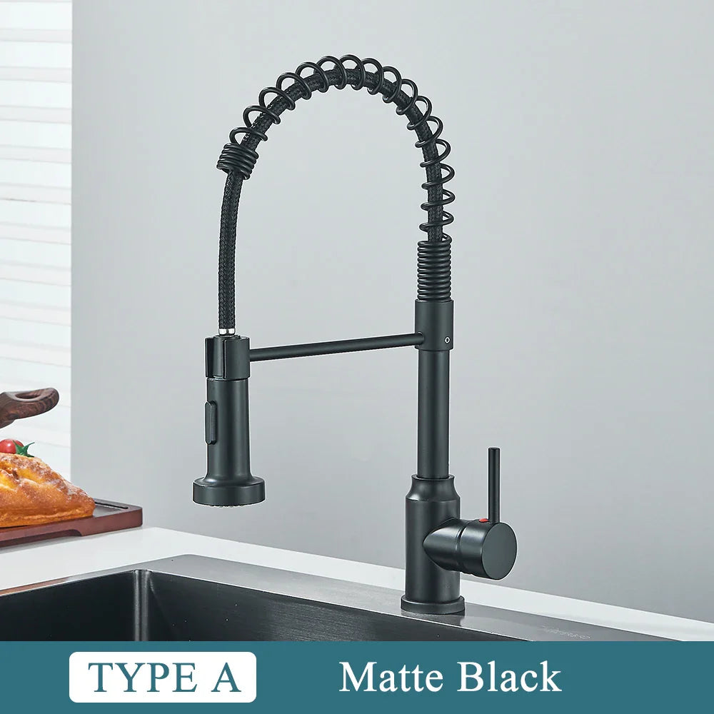 Matte Black Kitchen Sink Faucet - One Handle Spring Hot & Cold Water Tap, Deck Mounted Bathroom & Kitchen Mixer Tap