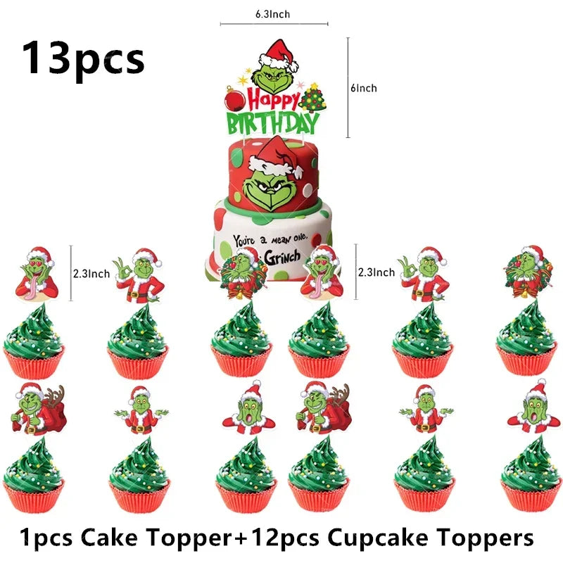 Grincs Christmas Party Balloon Decoration Set – Merry Xmas Banner Cake & Disposable Tableware Supplies Green Red