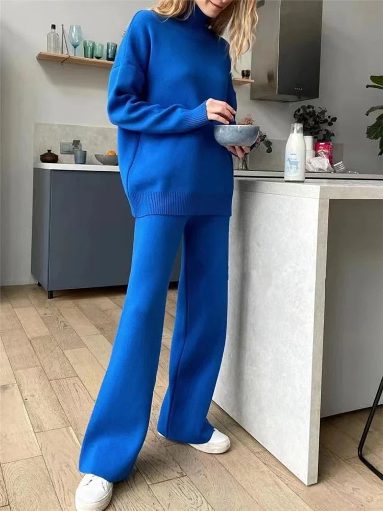 Women’s 2-Piece Autumn & Winter Knitted Tracksuit – Turtleneck Sweater with Straight Jogging Pants Set