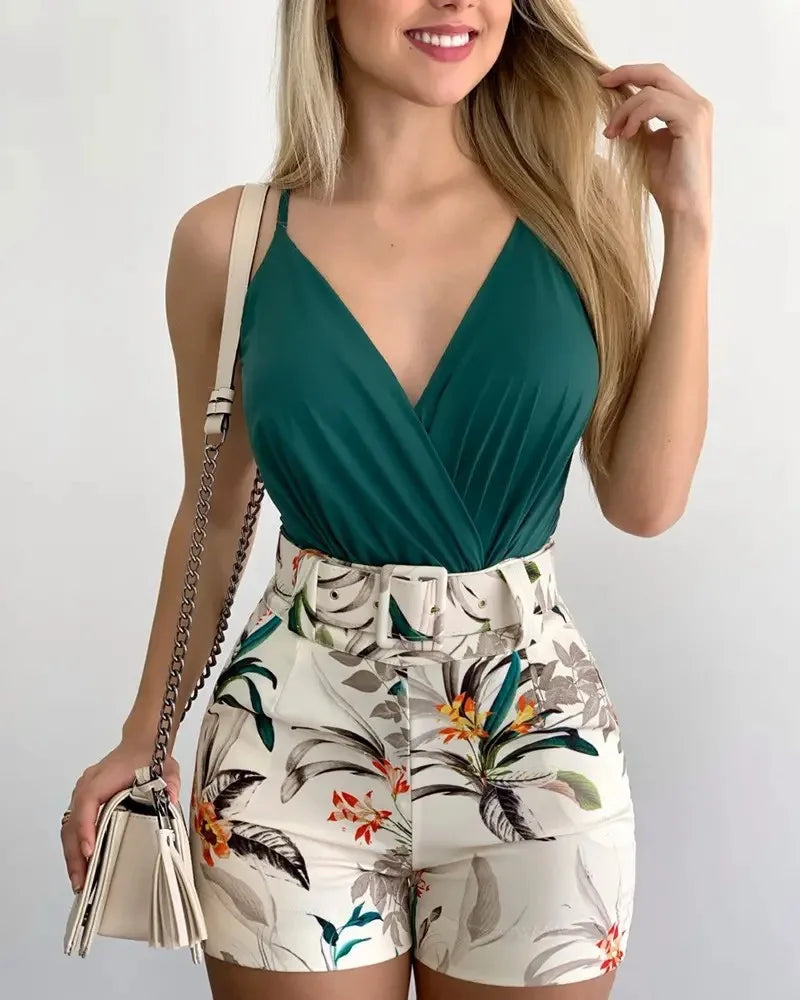 2025 Women’s Summer 2-Piece Camisole & Shorts Set – V-Neck Slim Fit Plant Print Outfit with Belt (S-XXL)