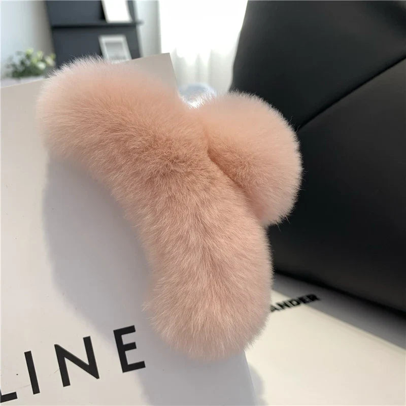Winter Fuzzy Hair Claw for Women – Warm Fluffy Natural Rex Rabbit Fur Hair Clip, Elegant Fashion Party Accessory