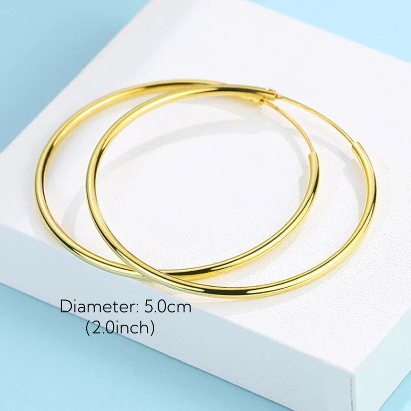 Gold-Plated Large Round Hoop Earrings — Smooth Stainless Steel Circles for Women, Multiple Sizes 12–60mm, Jewelry Gift