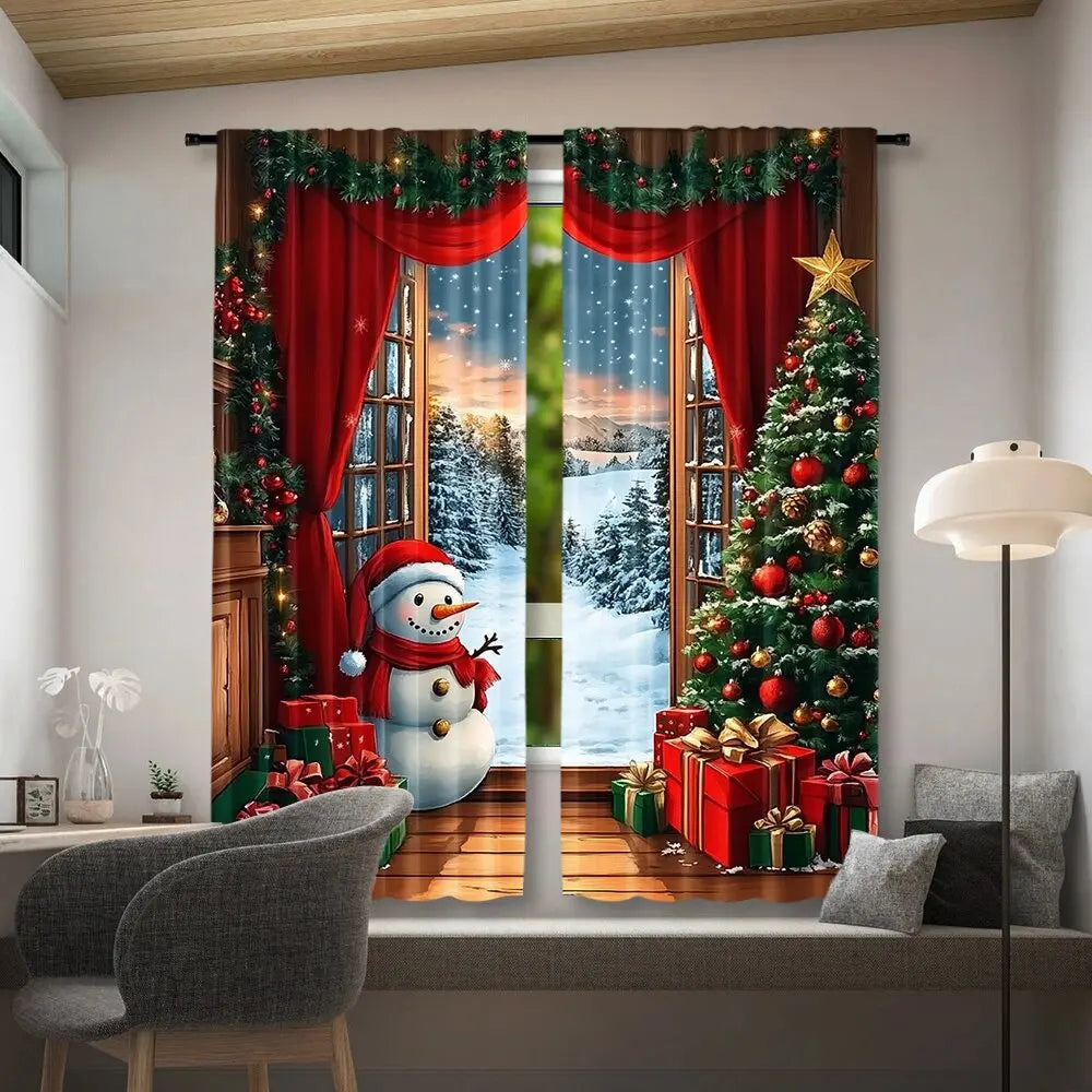 2pcs Santa Claus & Snowman Printed Wood Curtains – Simple Home & Room Decor