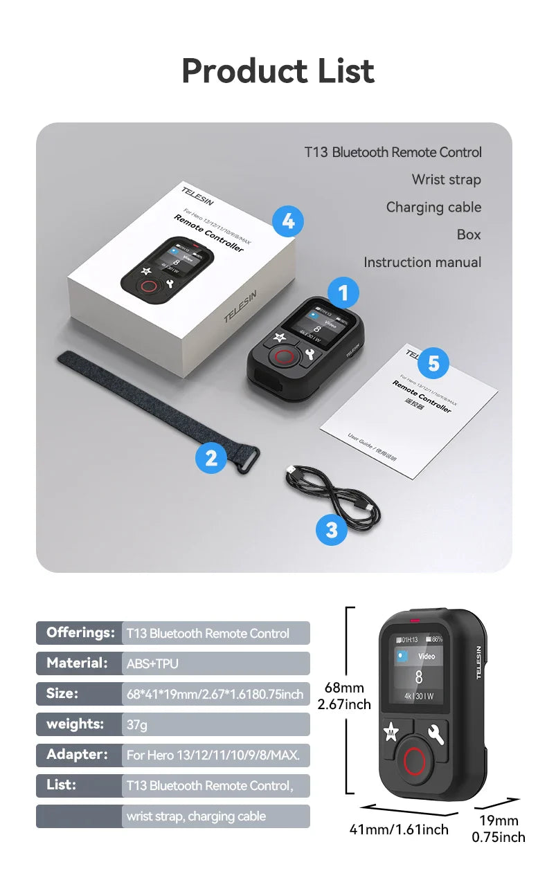 TELESIN Waterproof Bluetooth Remote for GoPro Hero 13/12/11/10/9/8/Max with Wrist Strap – Action Camera Accessory