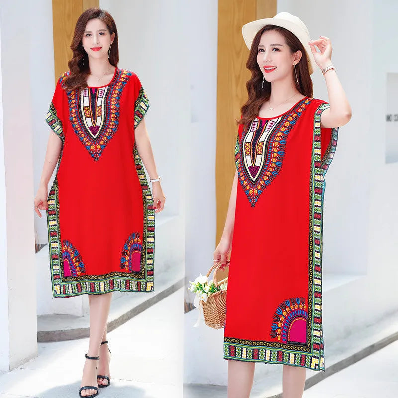 Fdfklak Ethnic Style Nightdress - Mid-Length Sleeveless Summer Sleepwear Loose Beach Nightgown for Women