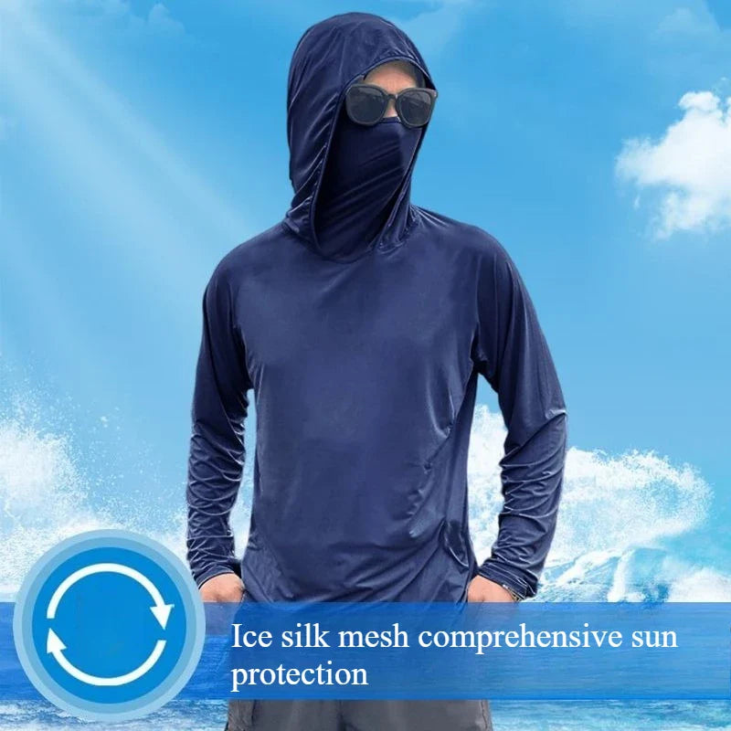 Men's Hooded Sun Protection Shirt - Lightweight Ice Silk Long Sleeve Cooling Pullover for Cycling & Fishing