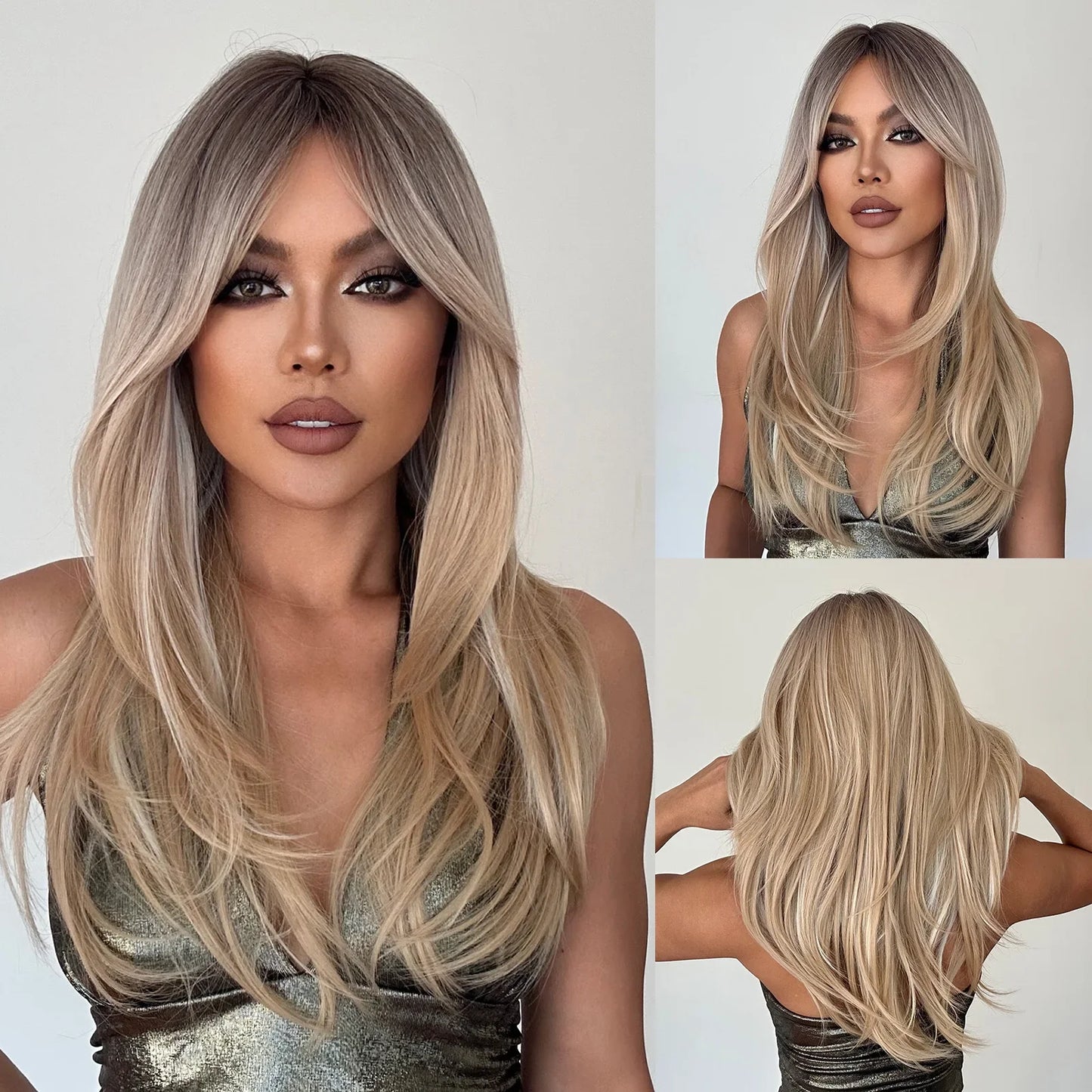 Long Straight Layered Blonde Wig with Platinum Highlights — Synthetic Hair with Bangs, Heat-Resistant for Women Daily & Cosplay