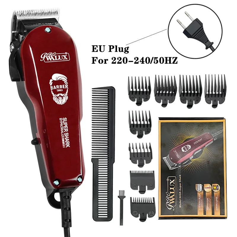 WALUX Professional AC220-240V Hair Clipper – 10W Powerful Hair Trimmer with 2M Cable & 8 Guard Combs for Home Use