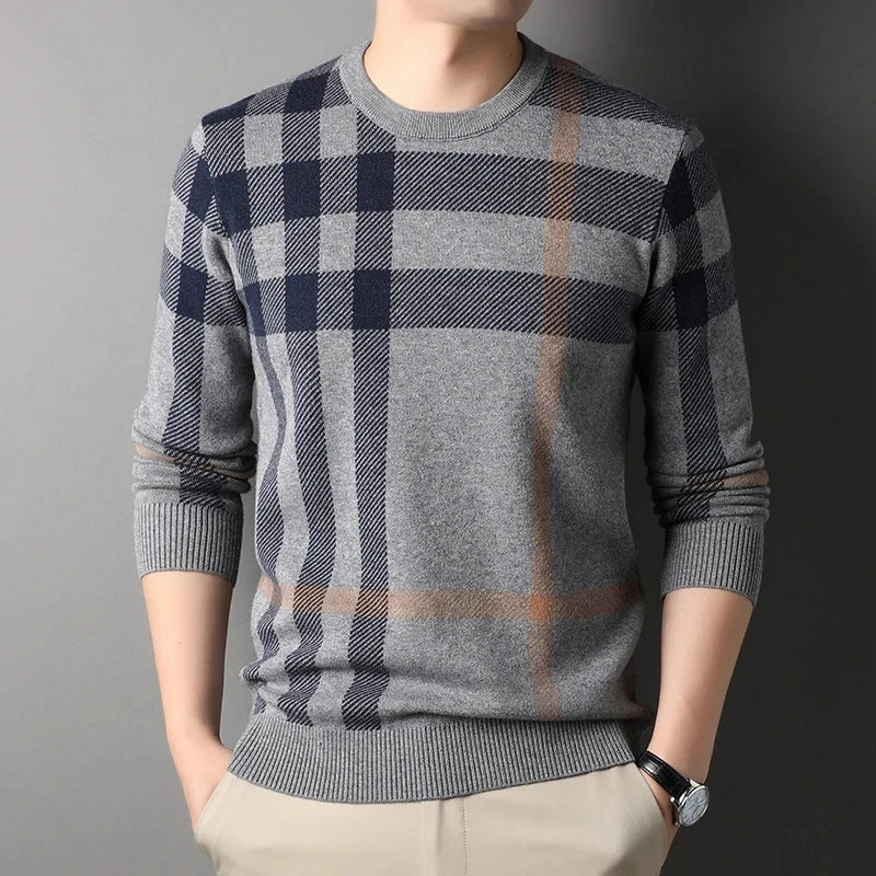 Luxury Men’s Knitted Wool Pullover – Autumn Winter O-Neck Striped British Casual Sweater