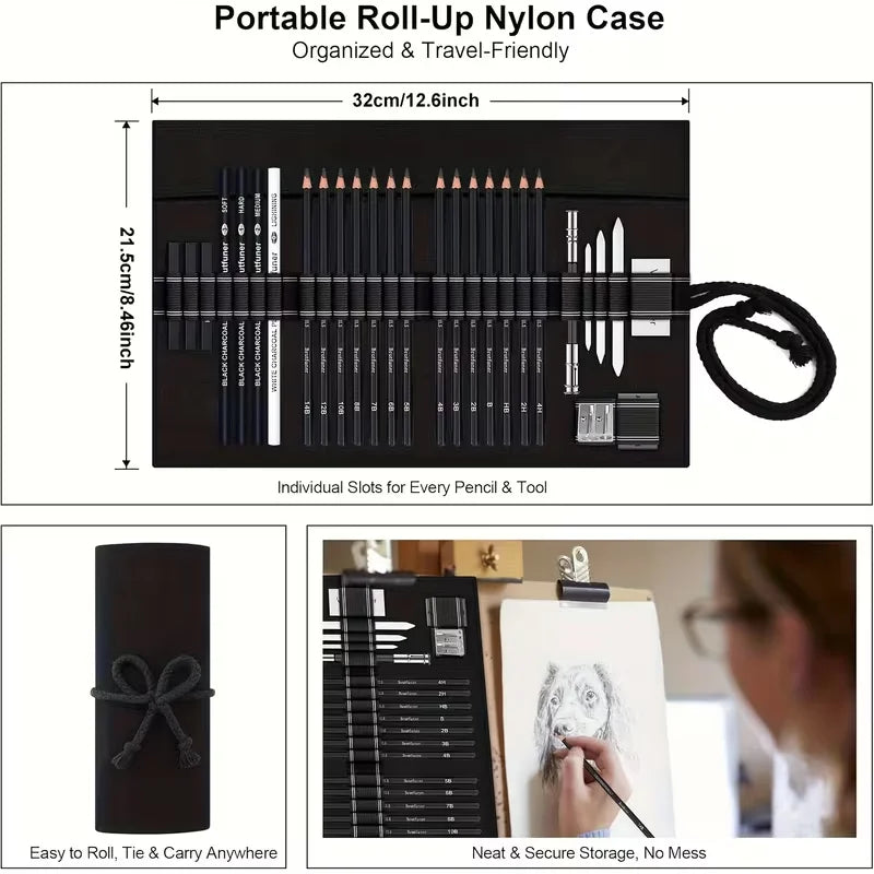 Brutfuner Professional Drawing Pencil Set - 18/29pcs Artist Sketching Kit with Charcoal, Eraser & Sharpener