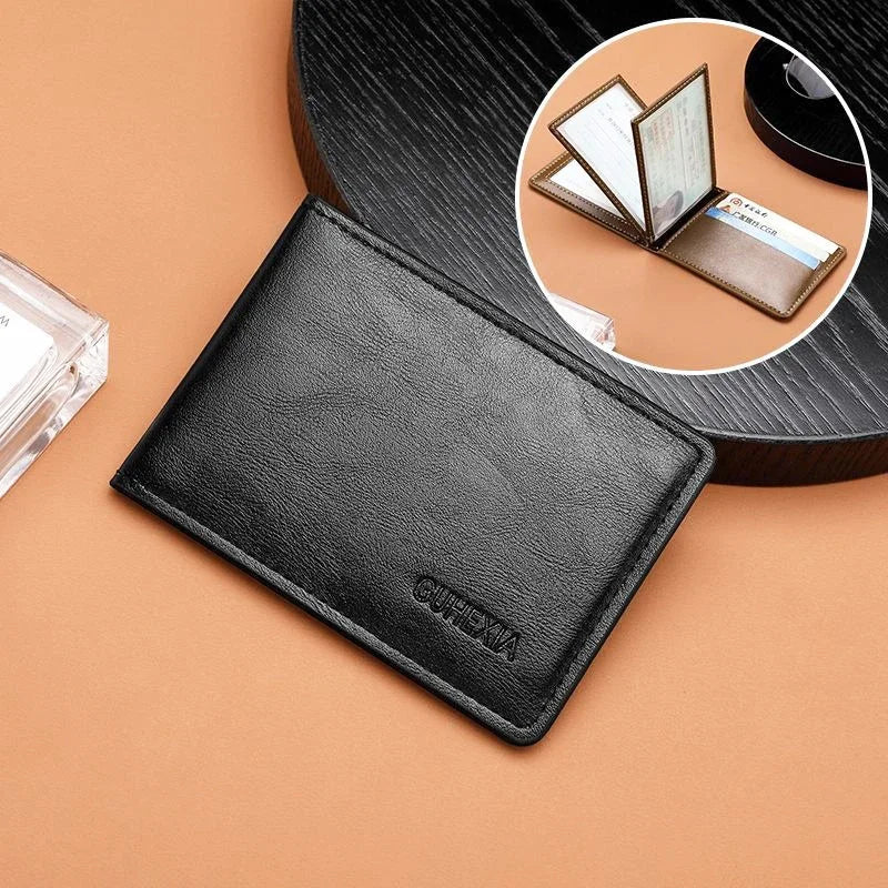 Retro Leather Driver’s License Wallet – Ultra-Thin Men’s ID Card Holder with Coin Purse, Multifunctional Slim Solid Color Short Wallet