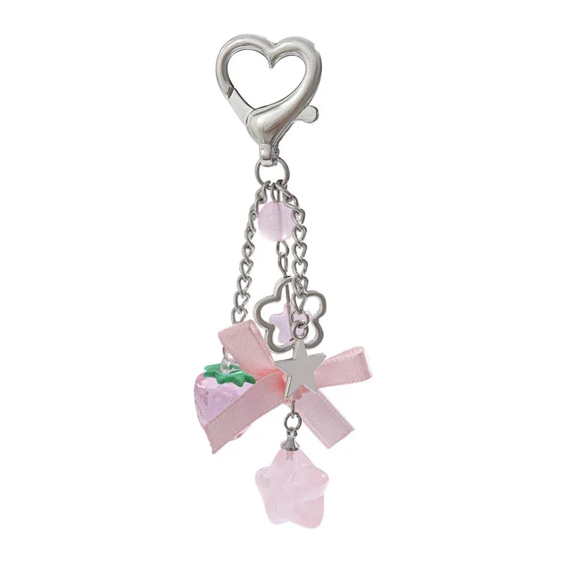 Cute Strawberry Bow Keychain - Y2K Pink Star Flower Tassel Heart Phone Charm Pendant for Women & Girls