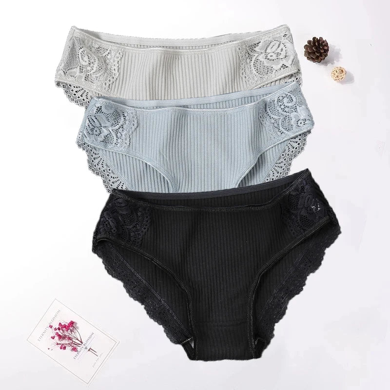 Floral Lace Cotton Women’s Panties - Comfortable Briefs, Solid Color Underwear, 3PCS/Set, Sizes M-XXL