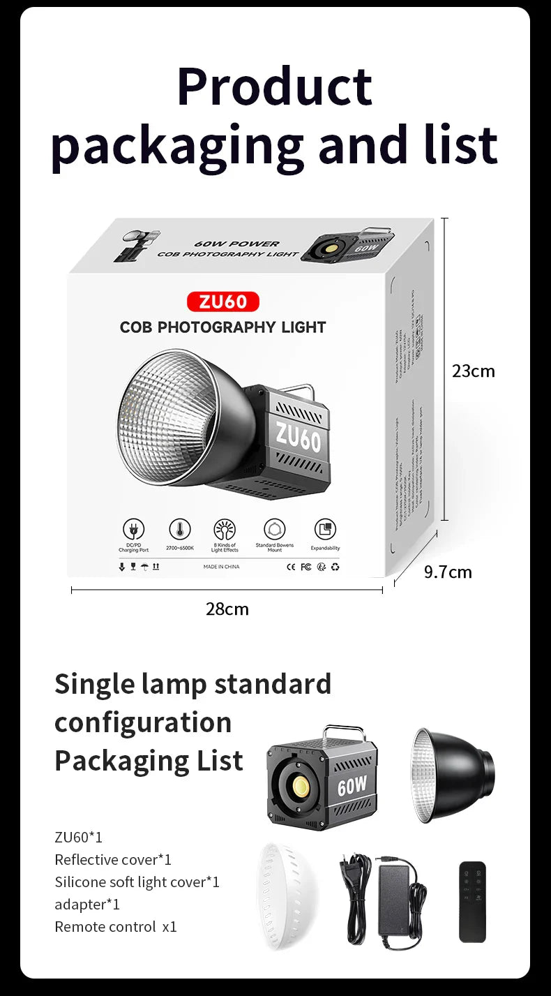 60W COB Video Light - CRI≥90, TLCI≥97, Dual Color Temperature 2700K-6500K, Portable Mini Bowens Live Lighting