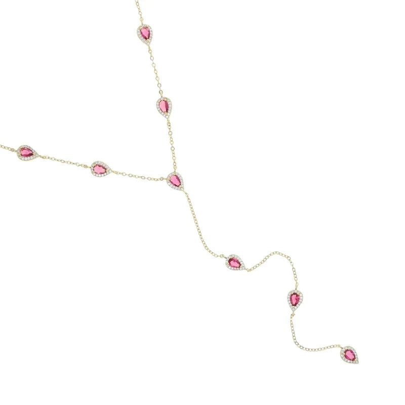 2023 Gold Plated Y Lariat Necklace - Colorful CZ Teardrop Pendant Geometric Jewelry for Women