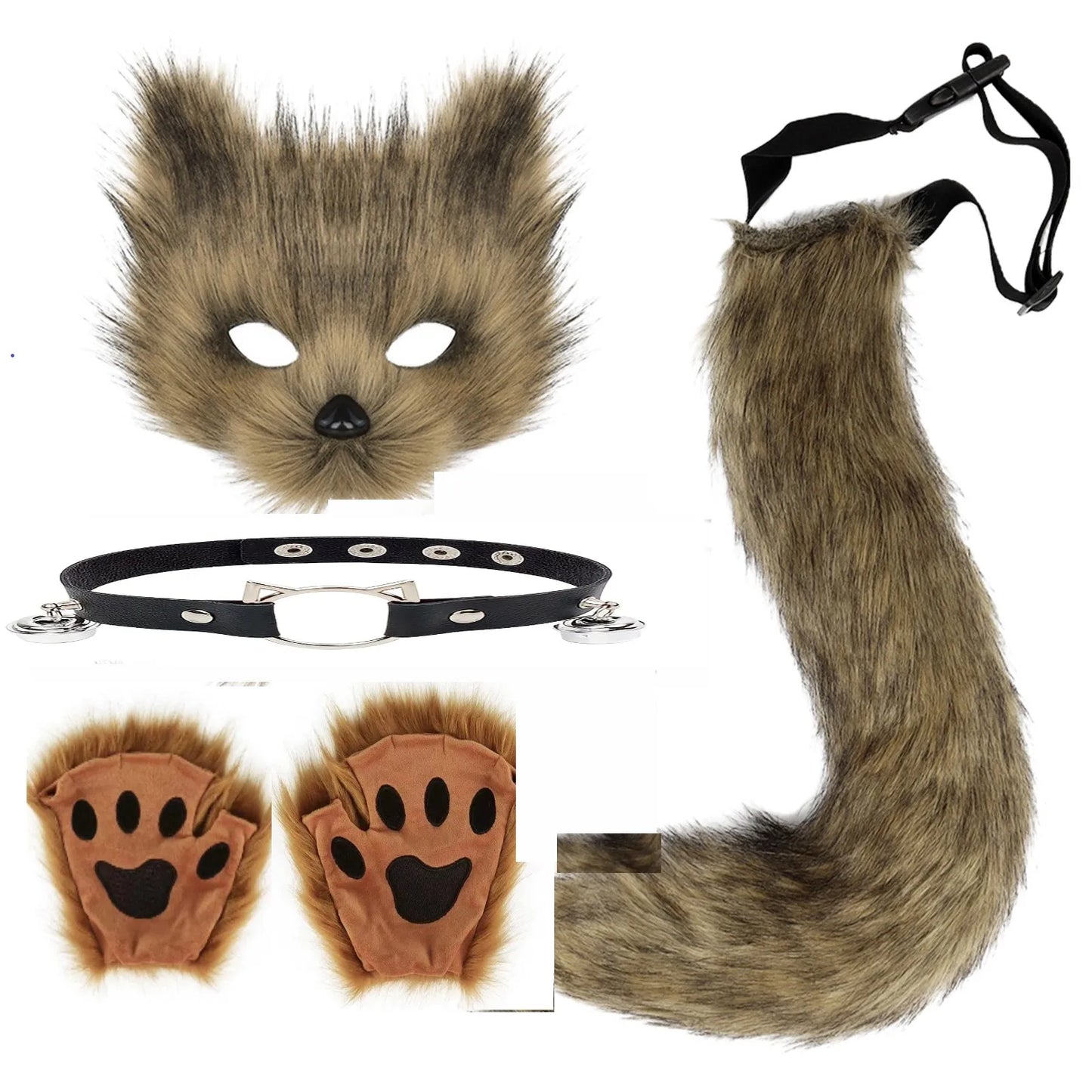 5pcs Fluffy Fur Fox Tail & Cat Paws Gloves Set — Wolf Mask Halloween Cosplay Costume Accessories for Theme Party Dress-Up