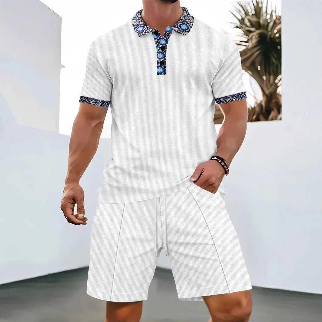 2025 Men's Summer Waffle Knit Short Set – Solid Color Zip-Up Lapel Shirt & Shorts | European & US Style