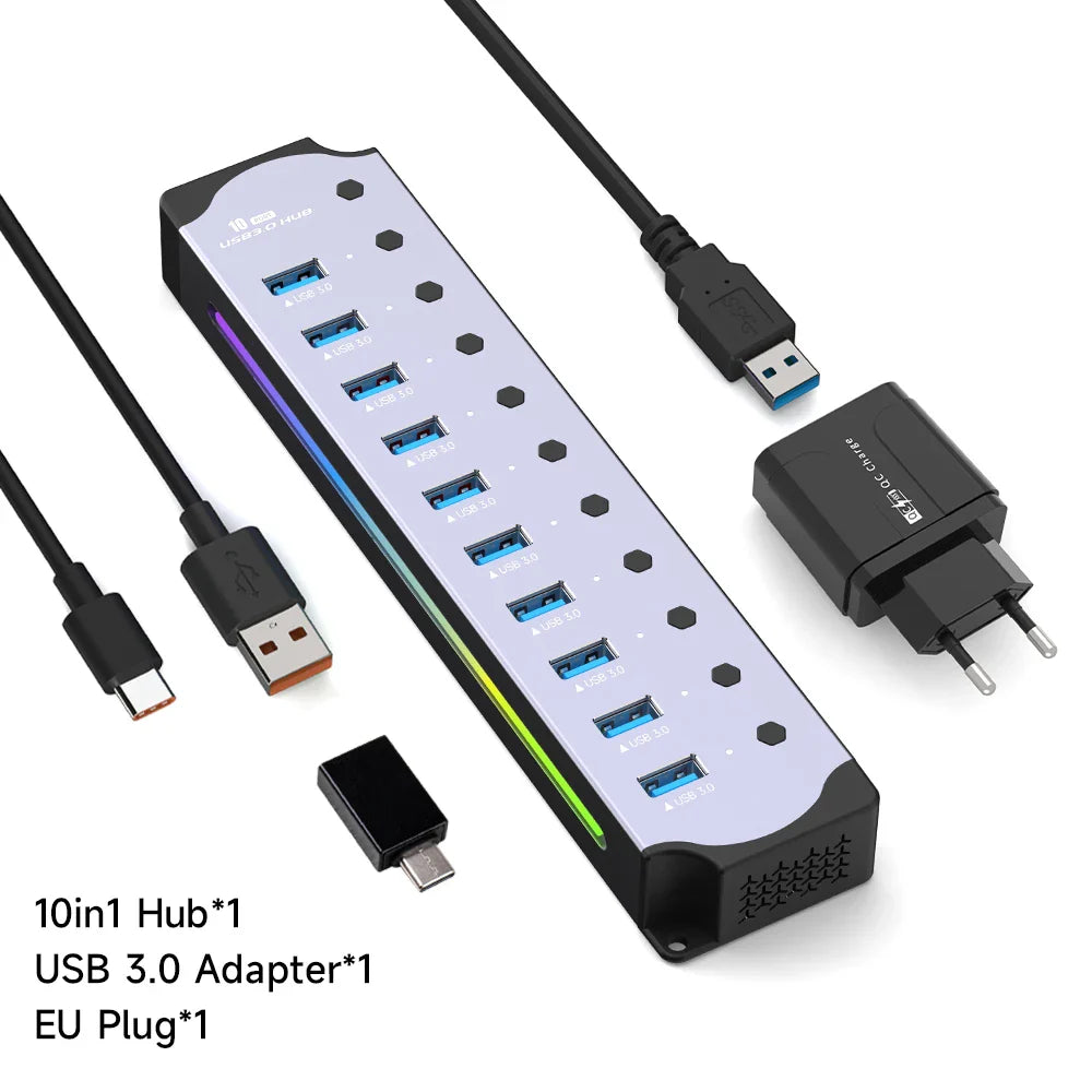 10-in-1 USB 3.0 Powered Hub — RGB E-Marker with Individual Switches & Heat Dissipation, DC 5V Adapter