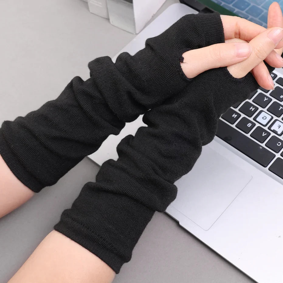 Punk Long Arm Fingerless Gloves – Adjustable Elastic Stripe Nylon Winter Arm Covers, Protective Cool Sleeves Mittens for Men & Women