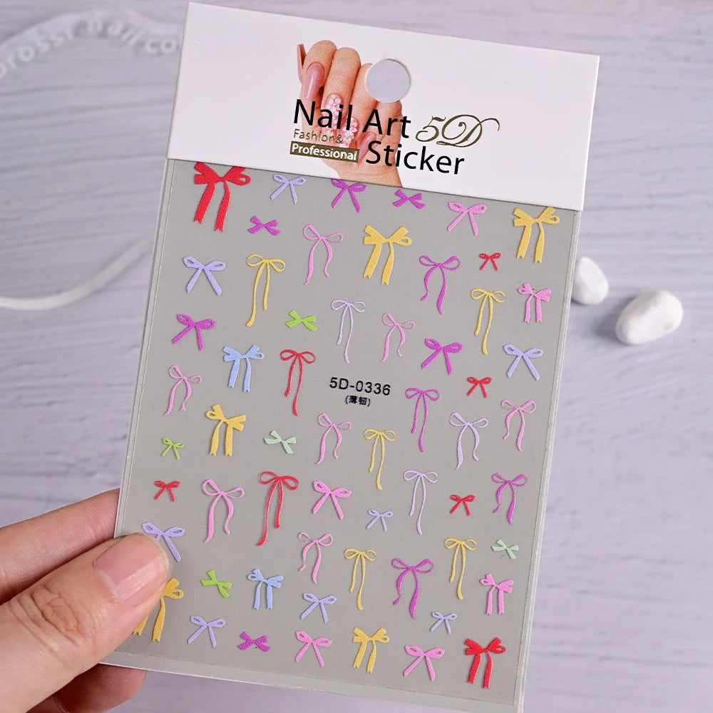 5D Pink & White Bowknot Nail Stickers – Self-Adhesive Kawaii Ribbon Nail Art Decals for DIY Manicure & Nail Decoration