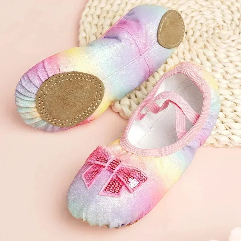 Girls Ballet Dance Shoes — Rainbow Bow Sequin Leather Soft Sole Flats for Performance & Practice