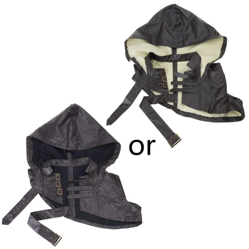 Adjustable Medieval Gothic Cowl Hat — Faux Leather Steampunk Hooded Cloak Cape for Men & Women Cosplay Accessory