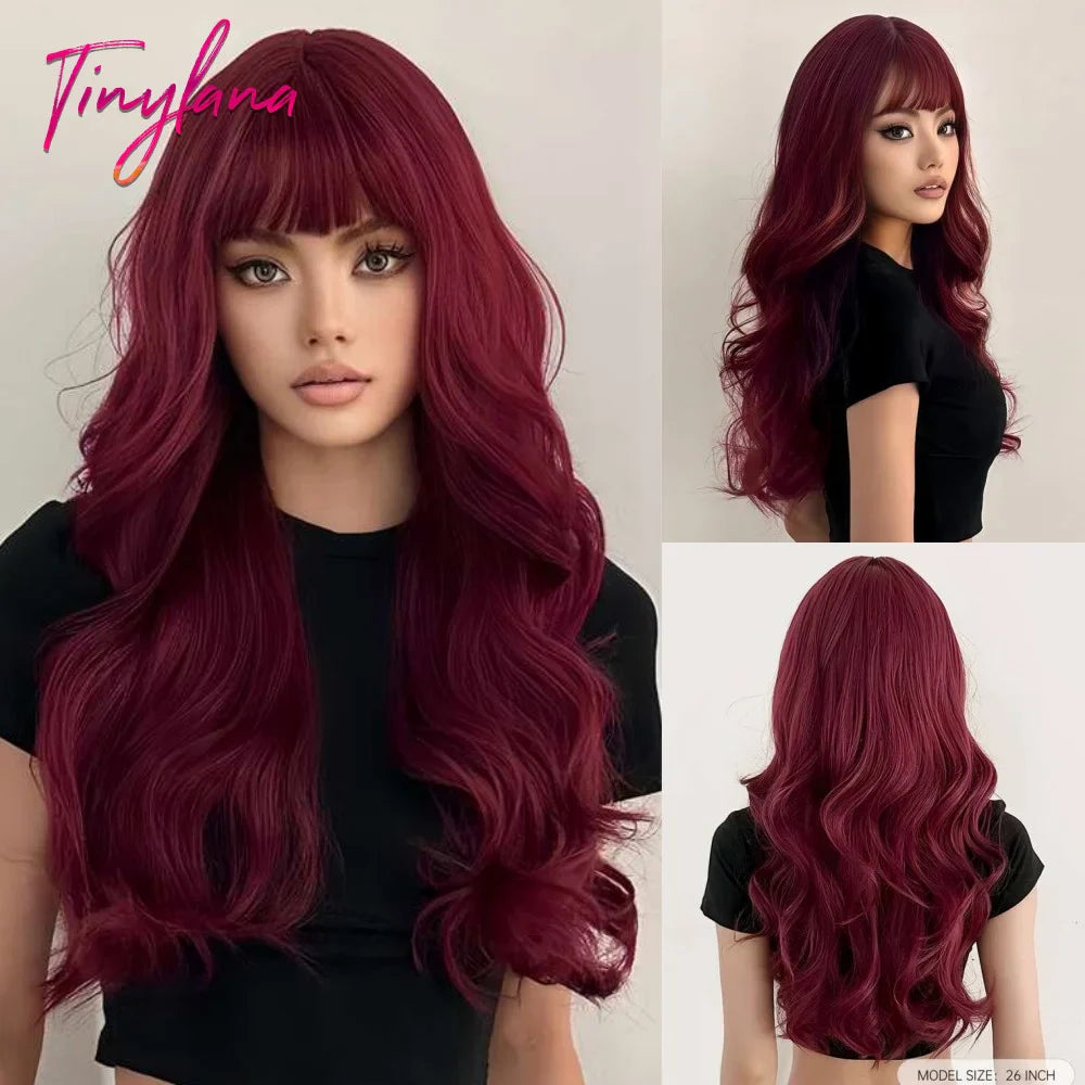 Orange Copper Ginger Long Wavy Synthetic Wig – Red & Yellow Wig with Bangs, Cosplay Body Wave, Heat-Resistant Hair for Women