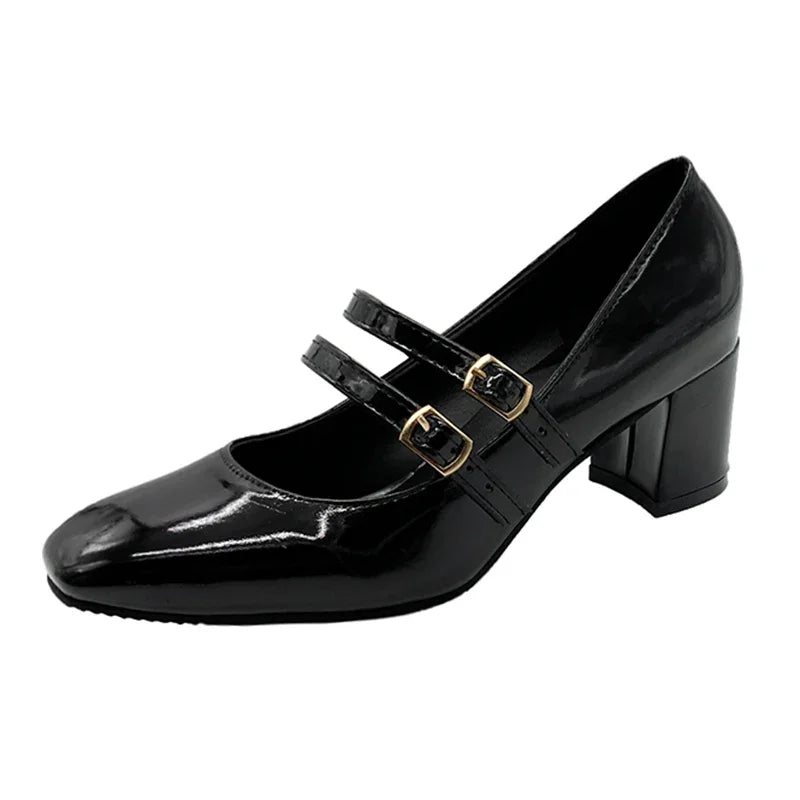 Elegant Women’s Mary Jane Chunky Heels – Square Toe Patent Leather Pumps with Double Ankle Strap