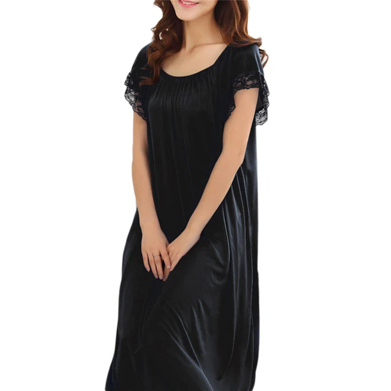 Women’s Lace Patchwork Nightgown – Long Sleepwear Dress for Casual Homewear