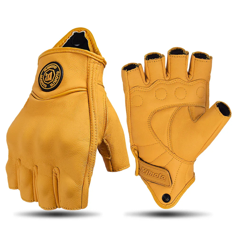 MJMOTO Retro Leather Motorcycle Half Finger Gloves – Touchscreen Motocross Gloves with Hard Shell Protection, Breathable Design
