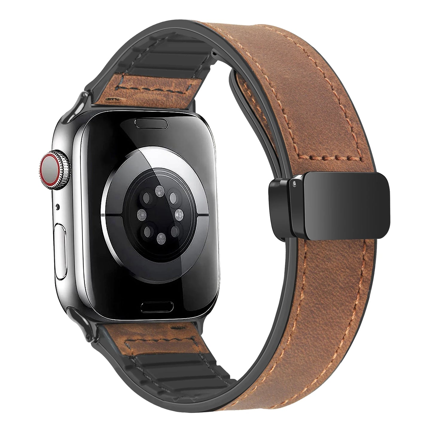 Leather Strap for Apple Watch – Compatible with Series 5-10, Ultra, SE, 40-49mm, Men’s Silicone & Leather iWatch Band