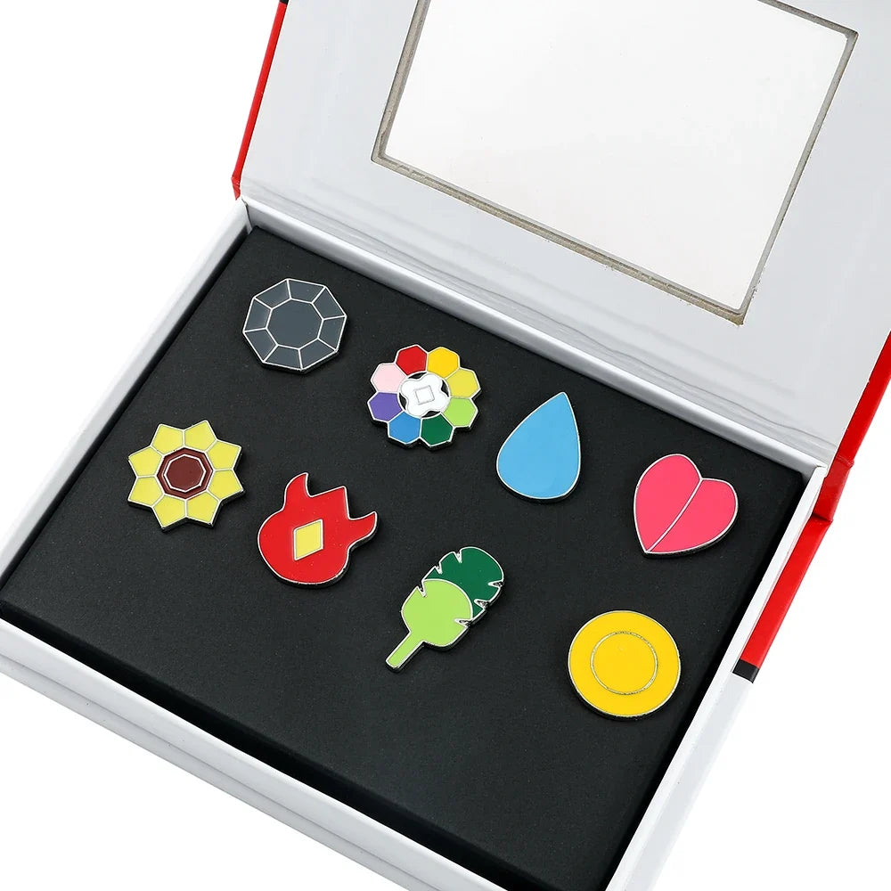 Pokemon Gym Badge Pin Set - Kanto to Kalos League Region Collectible Brooch Box
